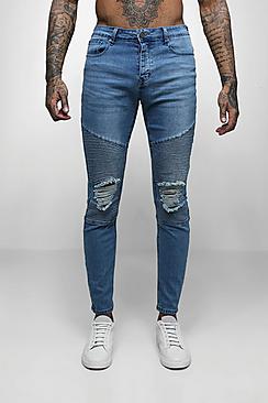 Mid Blue Biker Detail Skinny Fit Jeans